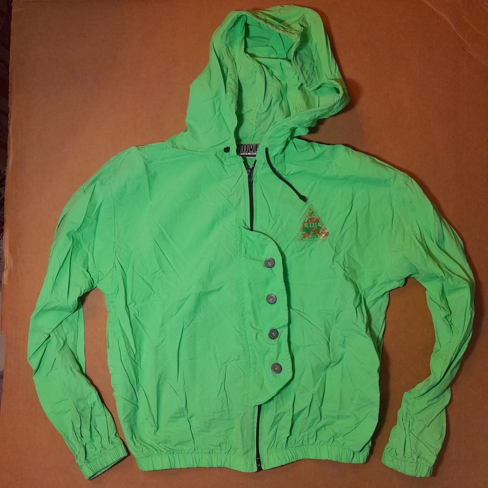 Neon Lime Green Hooded Windbreaker Fashion Jacket 1980s Made In USA Dove brand